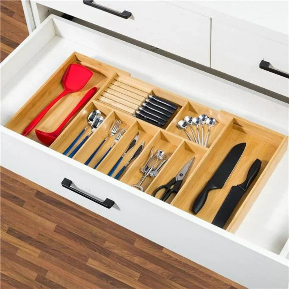 Extra large bamboo silverware drawer organizer expandable utensil cutlery holder